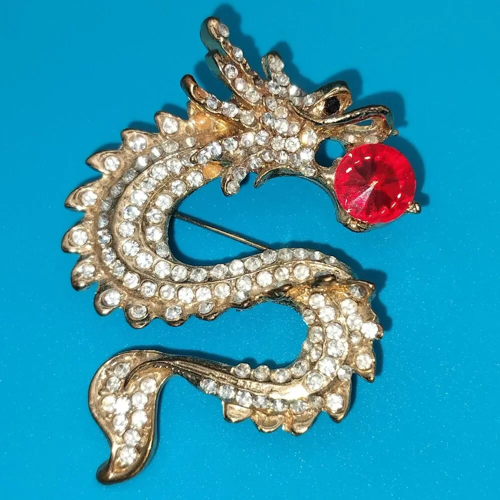 Sparkling Gold Tone Dragon Brooch Pin Red Crystal Ball Clear Rhinestones Fashion